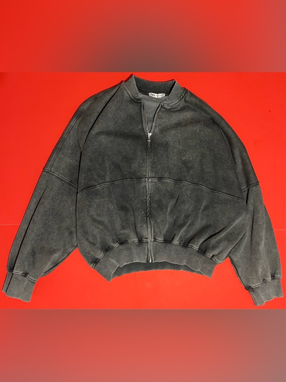 Zara Faded Charcoal Zip-Front Bomber Jacket